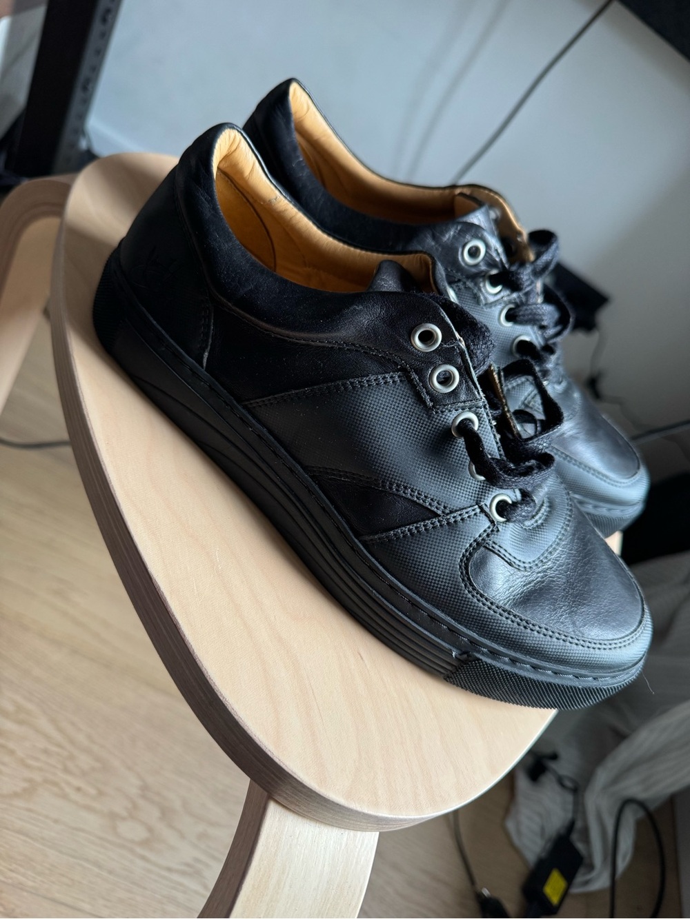 John Fluevog Black Leather Sneakers with Tan Interior